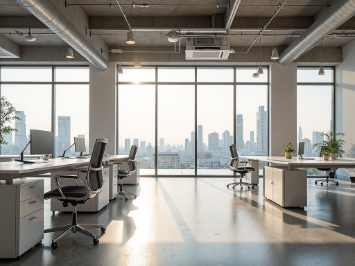 现代化工业设计办公室全景,宽敞明亮的开放式工作区域,配备专业设计设备,金属工业风格装修